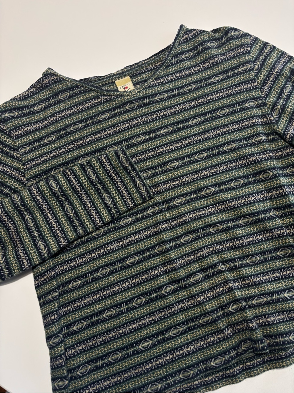County Seat Navy Blue & Green Fair Isle Print Long Sleeve Cotton Crop Top